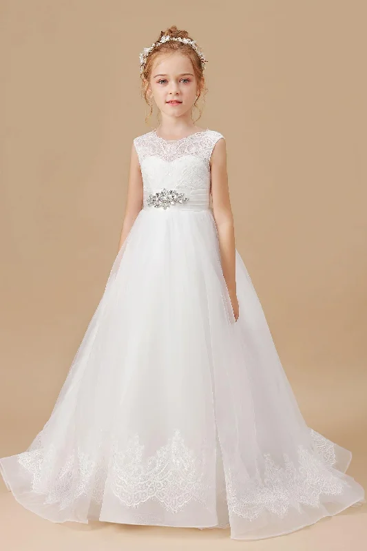 Floor-length Sleevelesss Lace Tulle Satin Flower Girl Dresses Party Tulle Dress