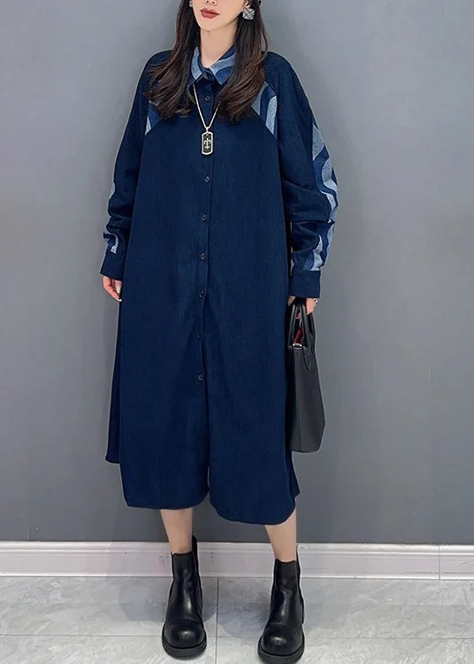 Natural Blue Peter Pan Collar Patchwork Denim Shirts Dresses Fall Elegant Shirt Dress