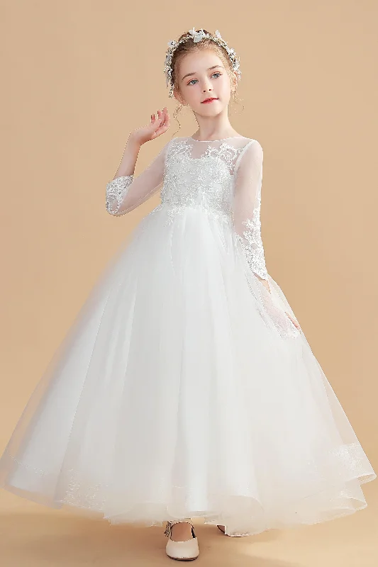 Elegant Long Sleeves Ivory Tulle Flower Girl Dresses With Lace Tulle Dress Classic