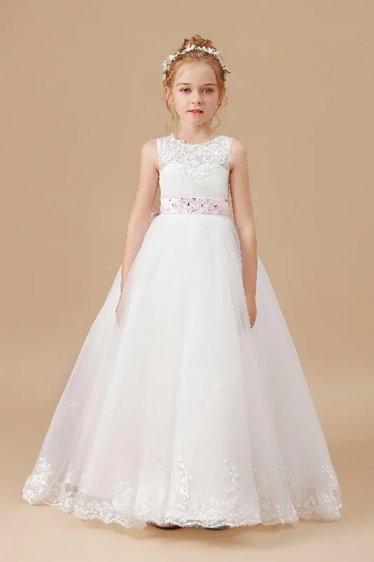 Floor-length Sleevelesss Lace Tulle Satin Flower Girl Dresses With Pink Bowknot Sash Soft Tulle Dress