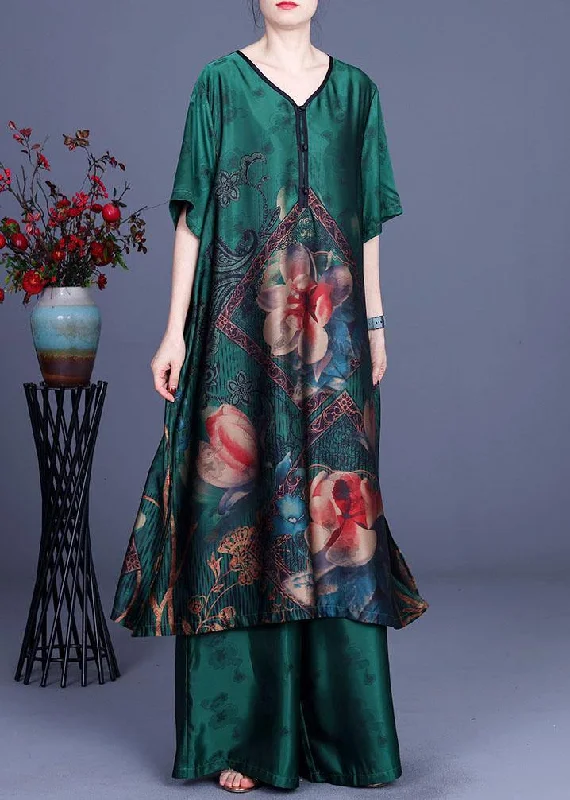 Green Elegant Print Patchwork Summer Silk long shirts + Wide Leg Two Pieces Set Light Shirt Dress Green Elegant Print Patchwork Summer Silk long shirts + Wide Leg Two Pieces Set Light Shirt Dress