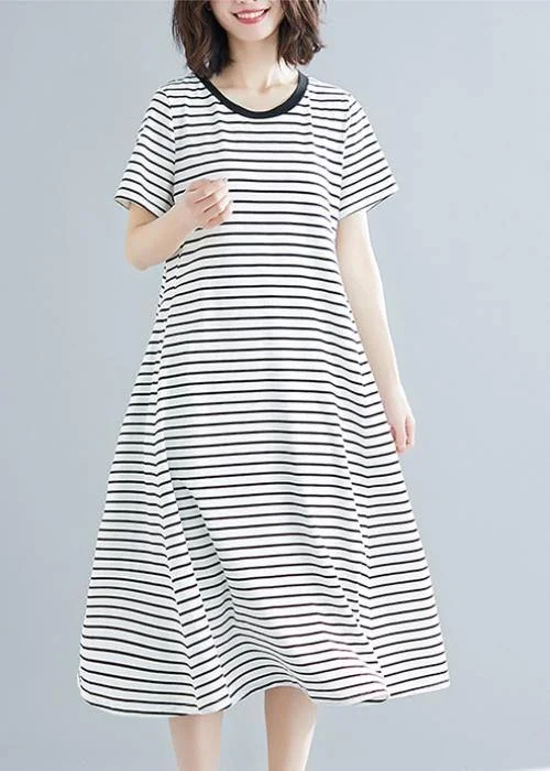 Vivid striped cotton Long Shirts o neck asymmetric Dresses Loose Shirt Dress