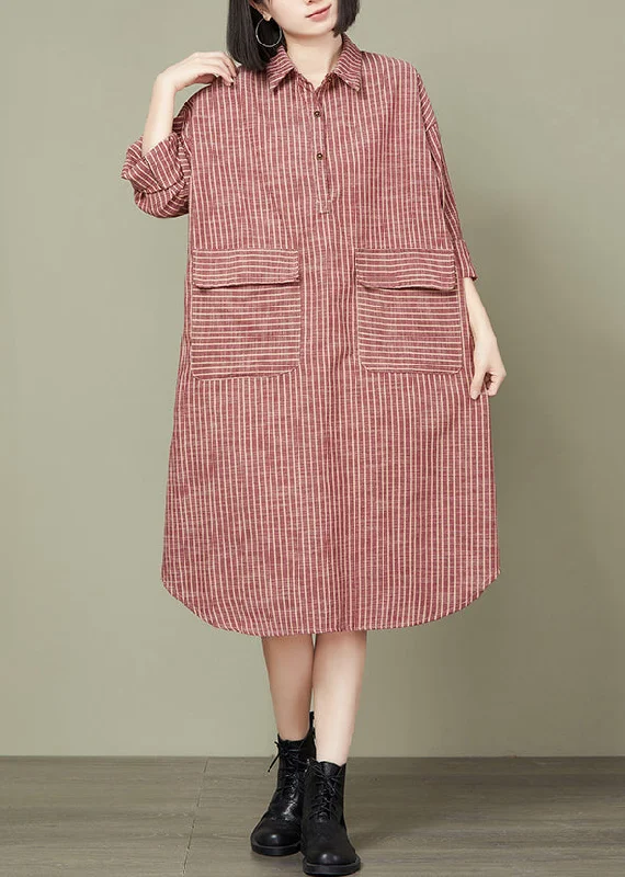 Loose Red Striped Pockets Cotton Shirts Dress Long Sleeve Oversized Shirt Dress