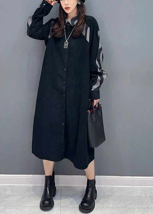 Black Print Patchwork Denim Shirts Dress Peter Pan Collar Fall Button-up Shirt Dress