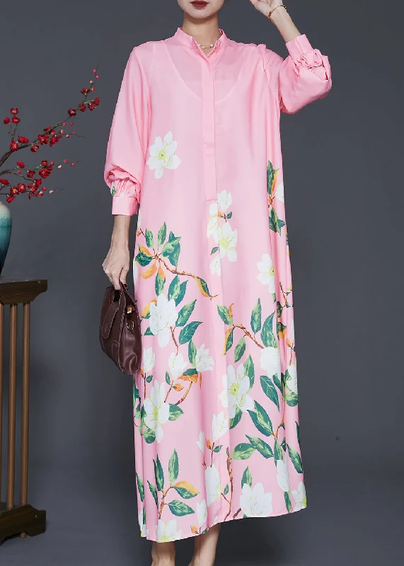 Classy Pink Stand Collar Print Chiffon Shirt Dresses Spring Comfortable Shirt Dress
