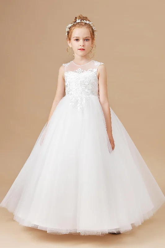 Ivory Cute Round Neck Tulle Flower Girl Dresses With Lace Chic Tulle Dress