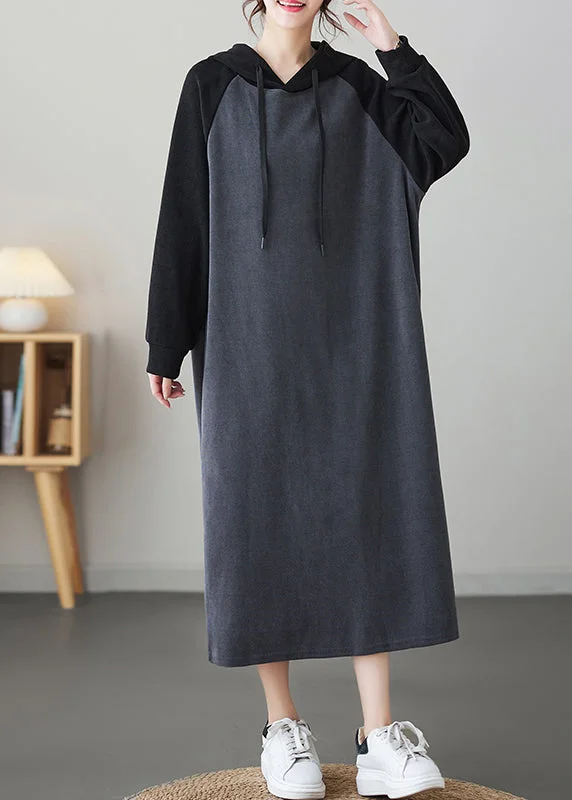 Grey Patchwork Loose Long Hooded Sweatshirt Dresses Winter Shirt Dress Outfit