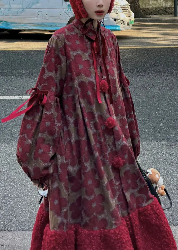 Italian Red Print Teddy Faux Fur Patchwork Shirts Dress Long Sleeve Shift Shirt Dress