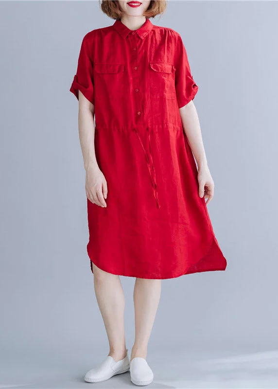 Boho Red Peter Pan Collar drawstring Shirt Dresses Summer Shirt Dress Trend