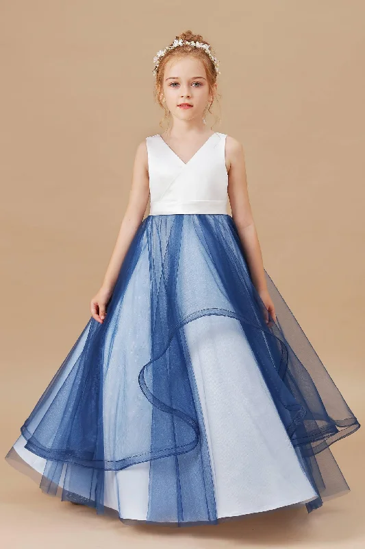 Sweetheart Trumpet SLeeveless V-neck Tulle Stain Flower Girl Dresses Tulle Party Dress