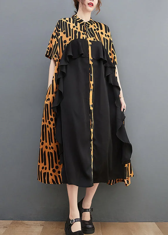 Novelty Yellow Stand Collar Ruffles print Chiffon Patchwork Shirt Dress Short Sleeve Linen Shirt Dress Novelty Yellow Stand Collar Ruffles print Chiffon Patchwork Shirt Dress Short Sleeve Linen Shirt Dress