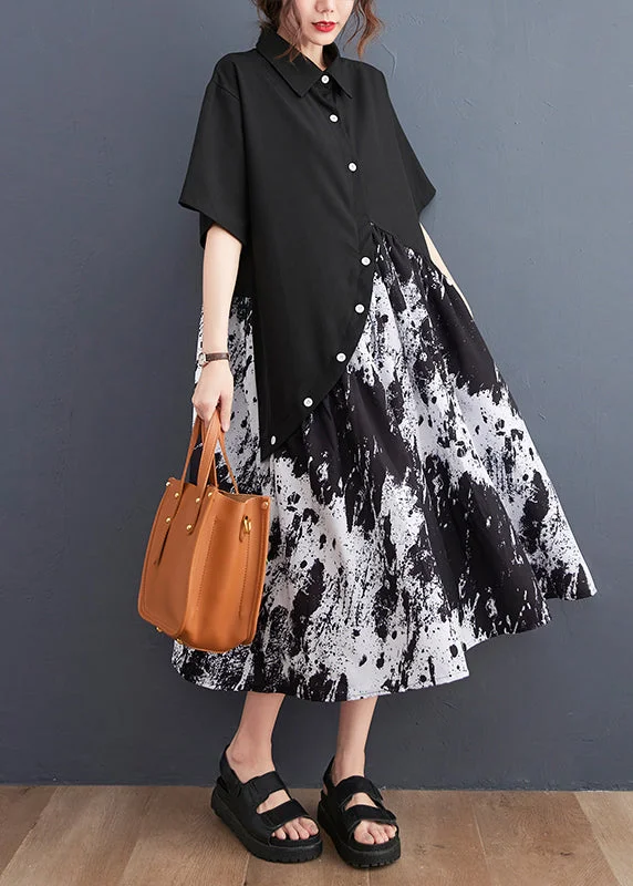 Elegant Black Peter Pan Collar Button Asymmetrical Print Shirt Dress Short Sleeve Sleeveless Shirt Dress Elegant Black Peter Pan Collar Button Asymmetrical Print Shirt Dress Short Sleeve Sleeveless Shirt Dress