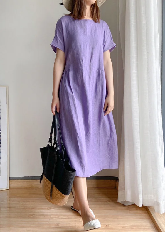 Purple Linen Shirt Top O-Neck Cinched Short Sleeve Feminine Shirt Dress