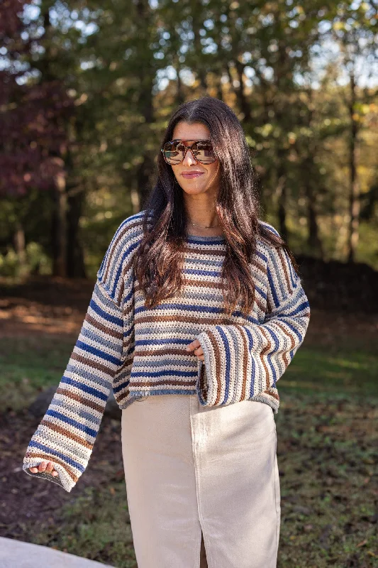 Striped Bliss Navy Crochet Sweater Sweater Dress with Belt
