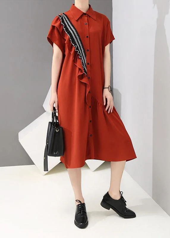 Women Drops Design Fashion Asymmetrical Agaric Lace Shirt Dress Belted Button Dress