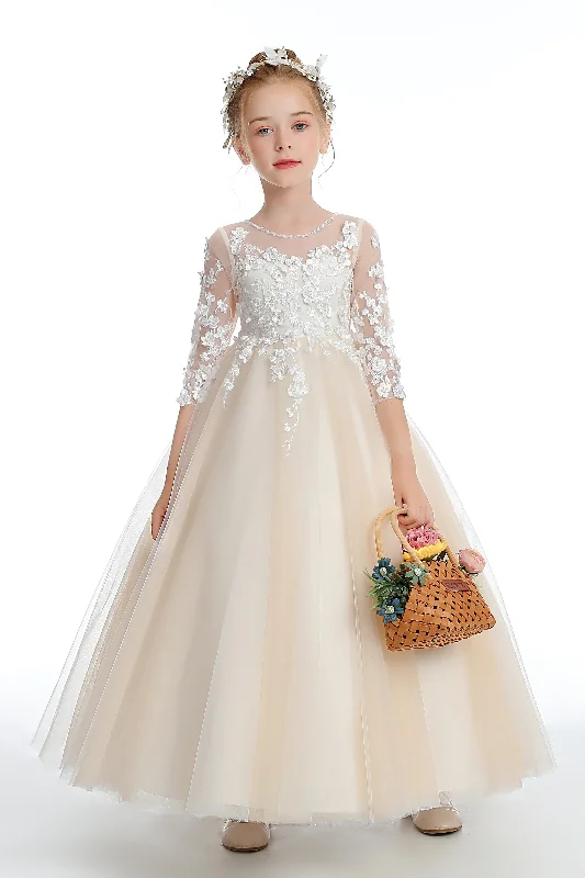 Half Sleeves Floor Length Champagne Tulle Flower Girl Dresses With Lace Vintage Tulle Dress