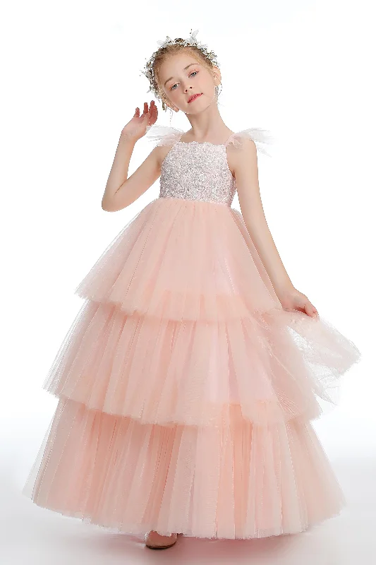 Ruffles Layered Pink Tulle Flower Girl Dresses With Bowknot Tulle Dress Chic