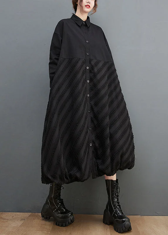 Fashion Black Peter Pan Collar Striped Patchwork Button Long Shirts Dresses Long Sleeve Button-down Shirt Dress