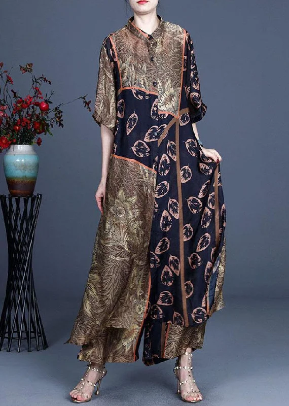 Italian Black Print Button long shirts Wide Leg Two-Piece Set Striped Shirt Dress