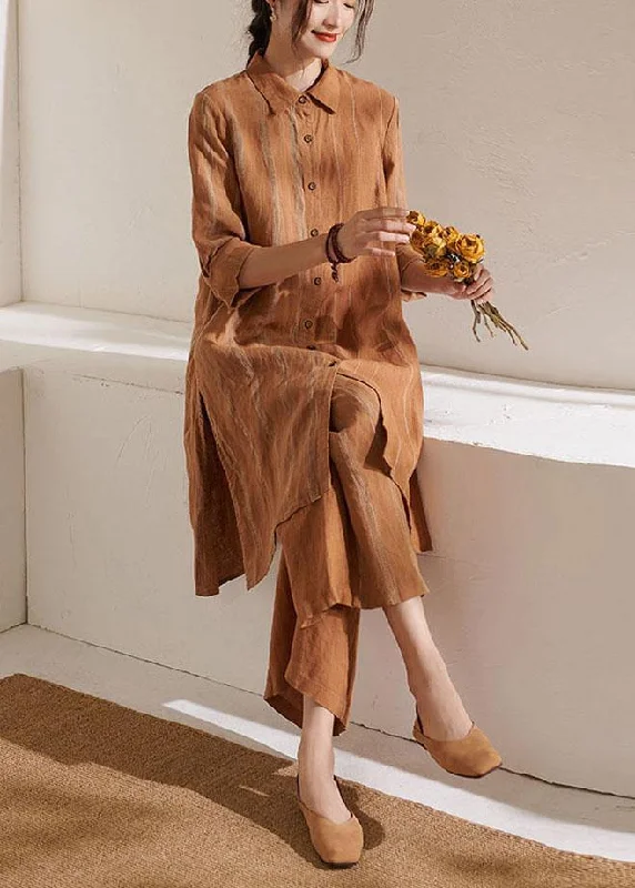 Bohemian Caramel Casual Side Open long shirts Wide Leg Summer Linen Two Pieces Set Lace Shirt Dress Bohemian Caramel Casual Side Open long shirts Wide Leg Summer Linen Two Pieces Set Lace Shirt Dress