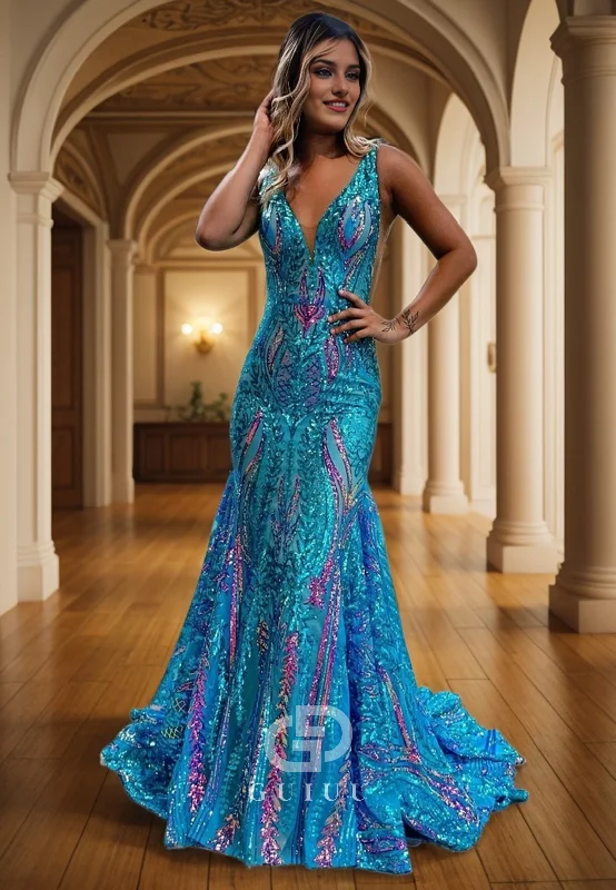 G2329 - Sexy/Hot Lace V-Neck Sequins Prom Dress Sweep Train Formal Open Back Evening Dress Glamorous Sequin Dress