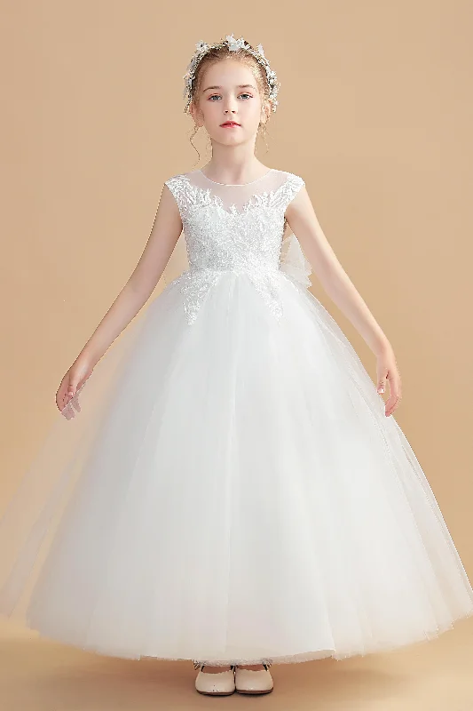 Round Neck Tulle Sleeveless Ivory Flower Girl Dresses With Bowknot Long Sleeve Tulle