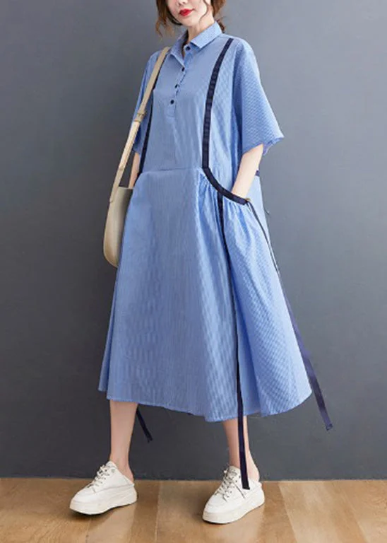 French Light Blue Peter Pan Collar Button Shirt Dresses Short Sleeve Satin Shirt Dress