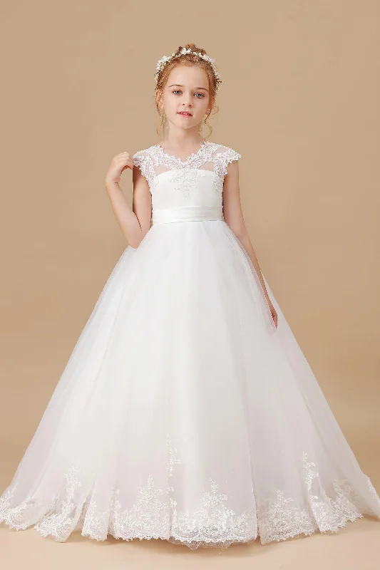Ivory Floor-length V-neck Lace Tulle Satin Flower Girl Dresses Sparkling Tulle Dress