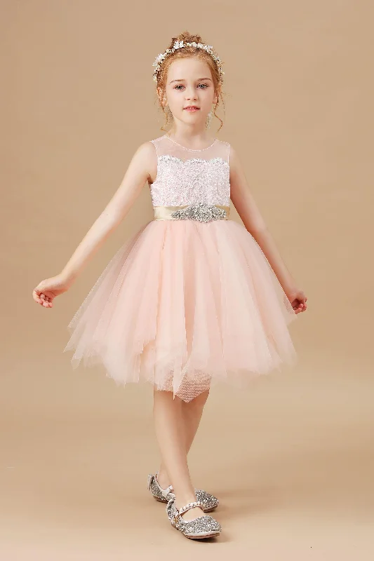 Chic Asymmetrical Sleeveless Applique Tulle Satin Flower Girl Dresses With Rhinestone Belt Sexy Tulle Dress Chic Asymmetrical Sleeveless Applique Tulle Satin Flower Girl Dresses With Rhinestone Belt Sexy Tulle Dress