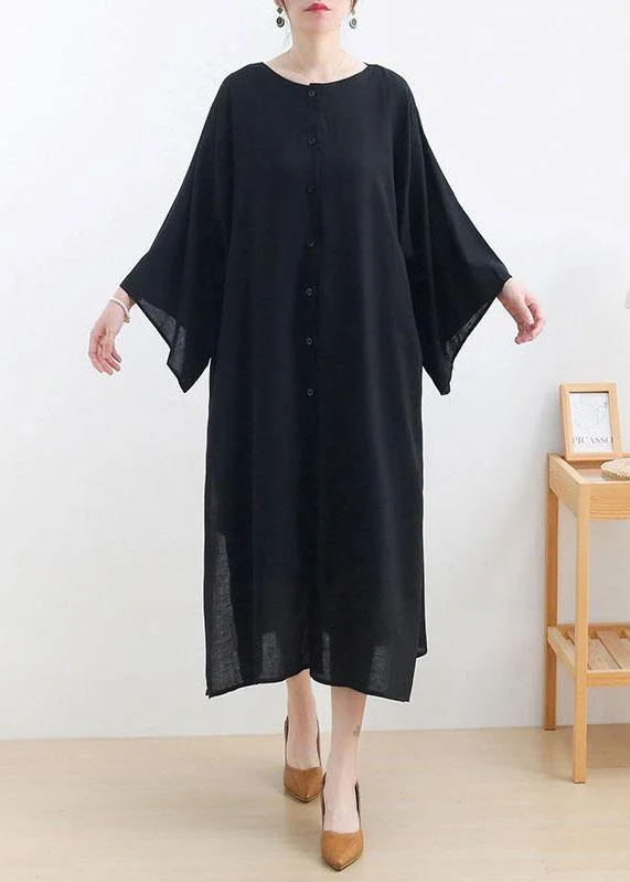Classy Black side Open Cotton Dress long Shirts Fall Dress Wrap Shirt Dress