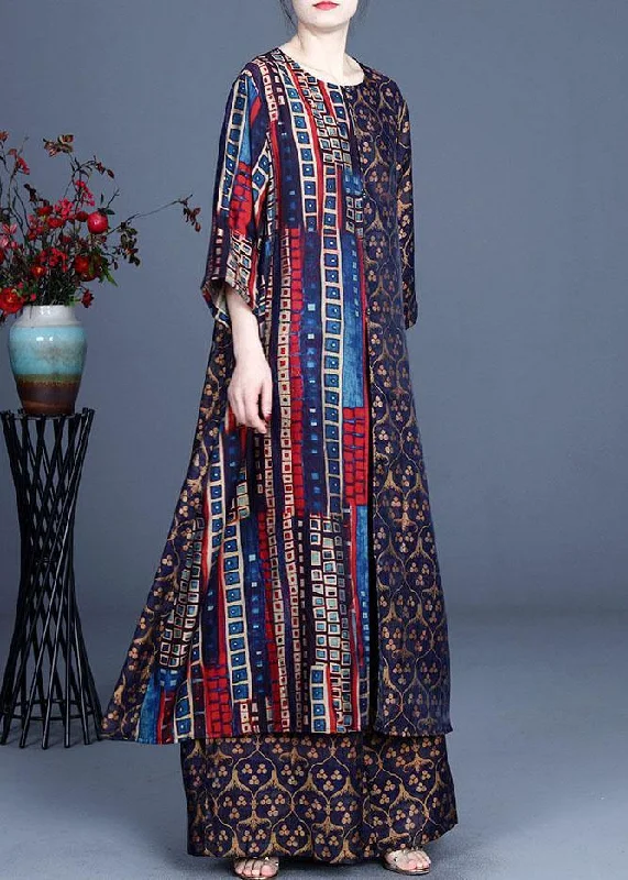 Italian Blue Print Button Silk long shirts Wide Leg Two Pieces Set Feminine Shirt Dress