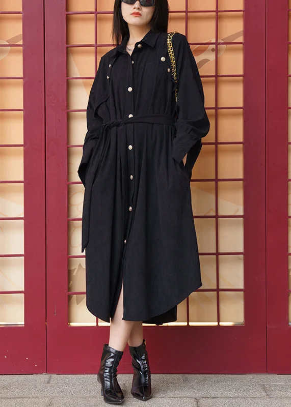 Women Black Pockets Tie Waist Cotton Shirt Dress Long Sleeve Stretch Shirt Dress
