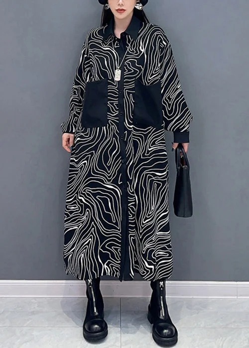 New Black Button Print Patchwork Cotton Shirt Dresses Long Sleeve V-neck Shirt Dress