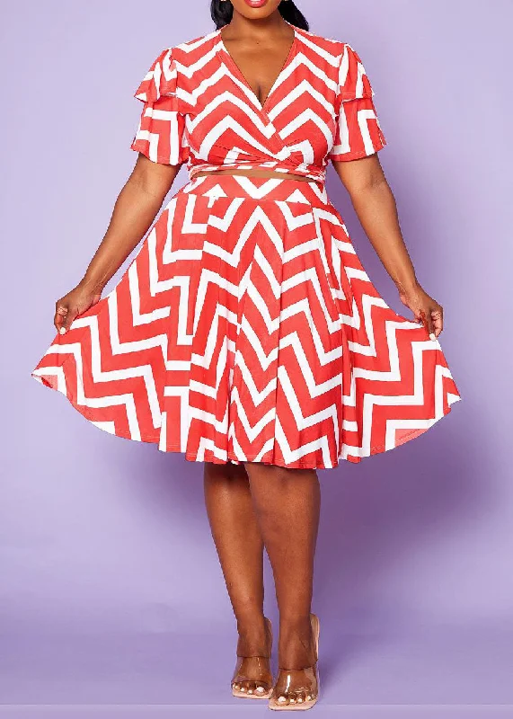 Hi Curvy Plus Size Chevron Pattern Top & Skirt Set Plus Size Casual