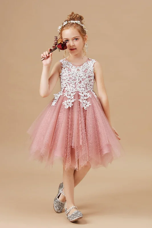 Chic Asymmetrical Sleeveless Applique Tulle Flower Girl Dresses Tulle Dress Set