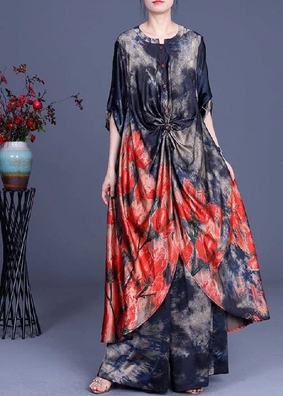 Women Blue Print low high design long shirts Wide Leg Two Pieces Set Shirt Dress Wrap