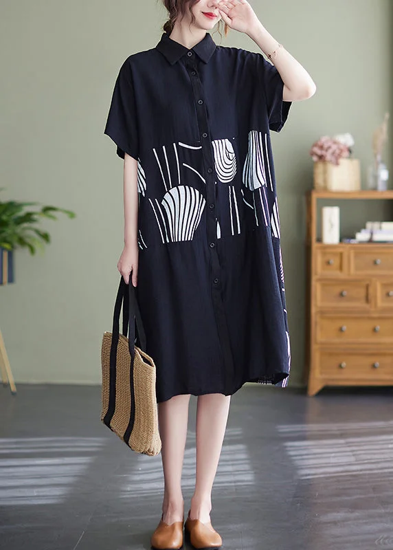 Black Print Patchwork Loose Shirt Dresses Short Sleeve Long Sleeve Shirt