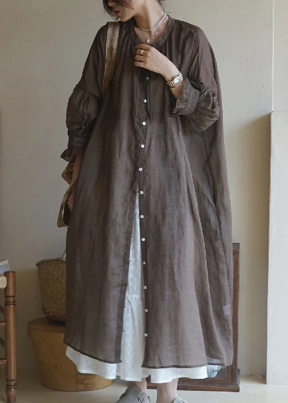 Women Coffee Ruffled Button Cotton Shirt Long Dresses Long Sleeve Flared Shirt Dress
