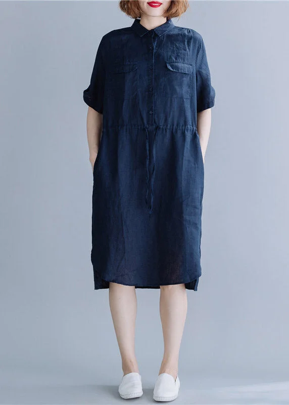 Navy side open Button Pockets Shirt Dress Short Sleeve Tartan Shirt Dress