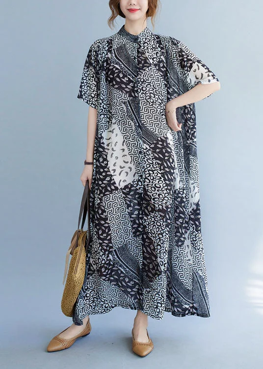 Classy Black Stand Collar Exra Large Hem Print Shirt Dress Short Sleeve Basic Shirt Dress