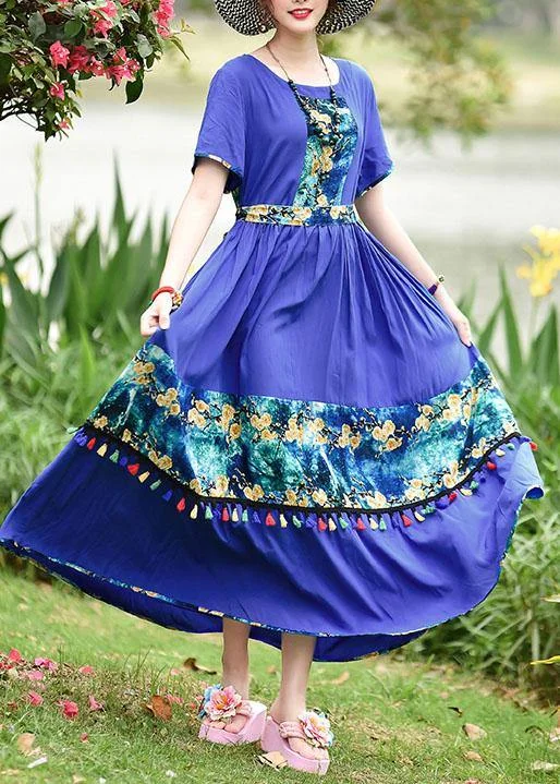 Women o neck tassel cotton Long Shirts design blue print cotton robes Dresses summer Modern Button Shirt Women o neck tassel cotton Long Shirts design blue print cotton robes Dresses summer Modern Button Shirt