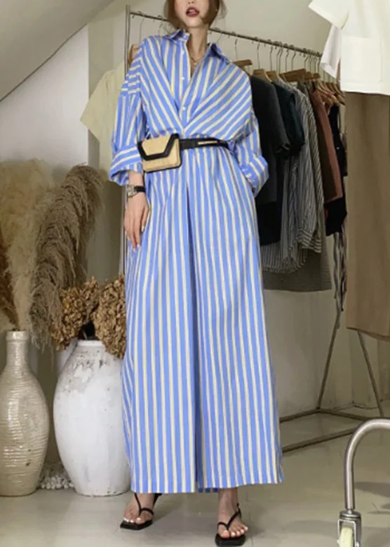 Handmade Blue Striped Button Long Shirts Dresses Long Sleeve Blue Shirt Dress