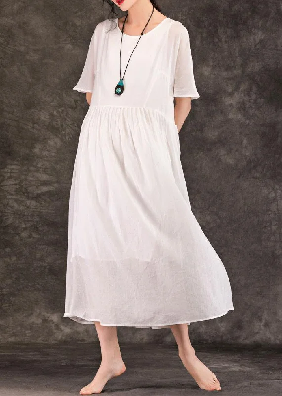 Women white linen Long Shirts o neck pockets patchwork Maxi summer Dress Plaid Shirt Dress