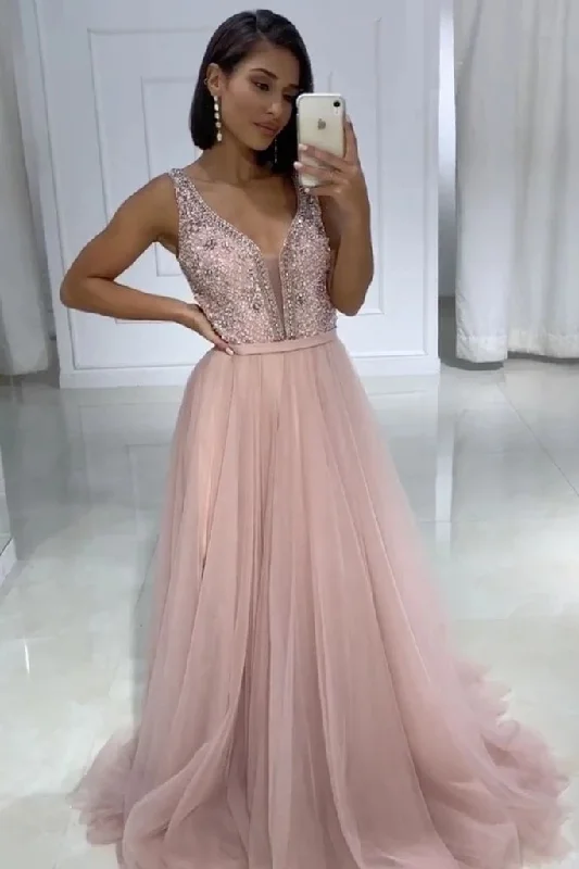 Girly Light Pink V-neck Beading Tulle A-line Long Prom Dresses For Teens Tulle Dress Outfit