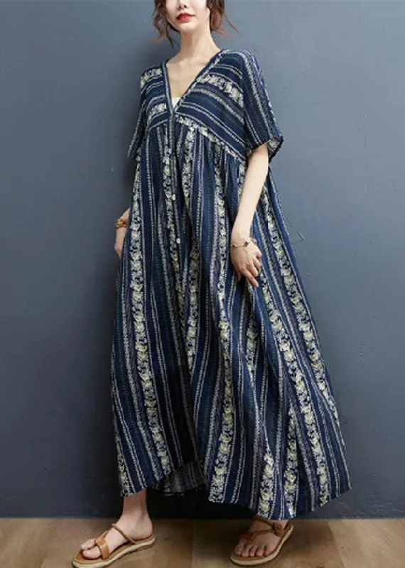 Handmade Navy V Neck Cotton Vacation Shirt Dresses Short Sleeve Bohemian Shirt Dress