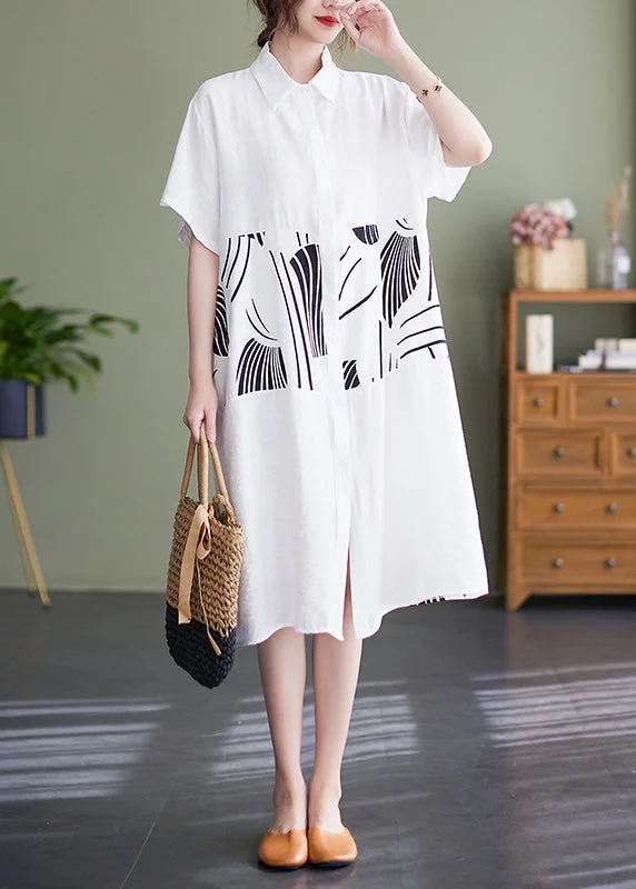 2024 White Peter Pan Collar button Shirt Dress Short Sleeve Flowy Shirt Dress