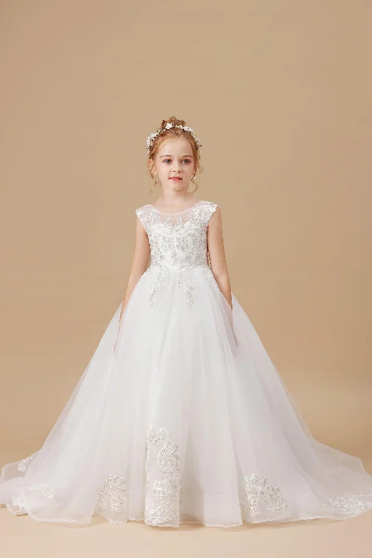 Ivory Sleeveless Applique Sweep trailing Multi-Layer Tulle Flower Girl Dresses Tulle Dress Trend Ivory Sleeveless Applique Sweep trailing Multi-Layer Tulle Flower Girl Dresses Tulle Dress Trend