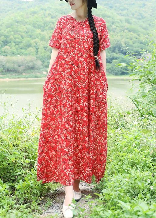 Vivid v neck linen Long Shirts Catwalk red print Maxi Dresses summer Cotton Shirt Dress