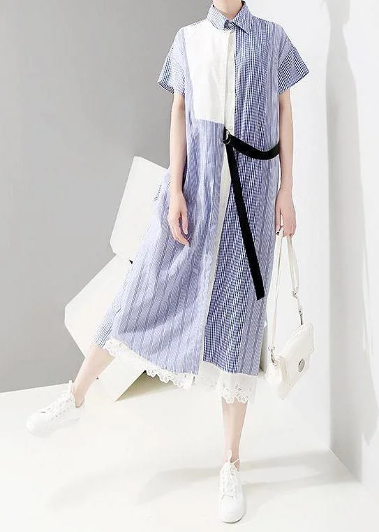 Vivid Tunics Fun Asymmetrical Patchwork Striped Short Sleeve Shirt Dress Linen Shirt Dress