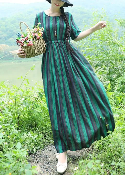 Women green striped cotton Long Shirts drawstring loose summer Dresses Shirt Dress Outfit